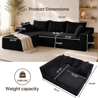 94" Boneless Couch, L-Shape Corduroy Sectional Sofa, Black2