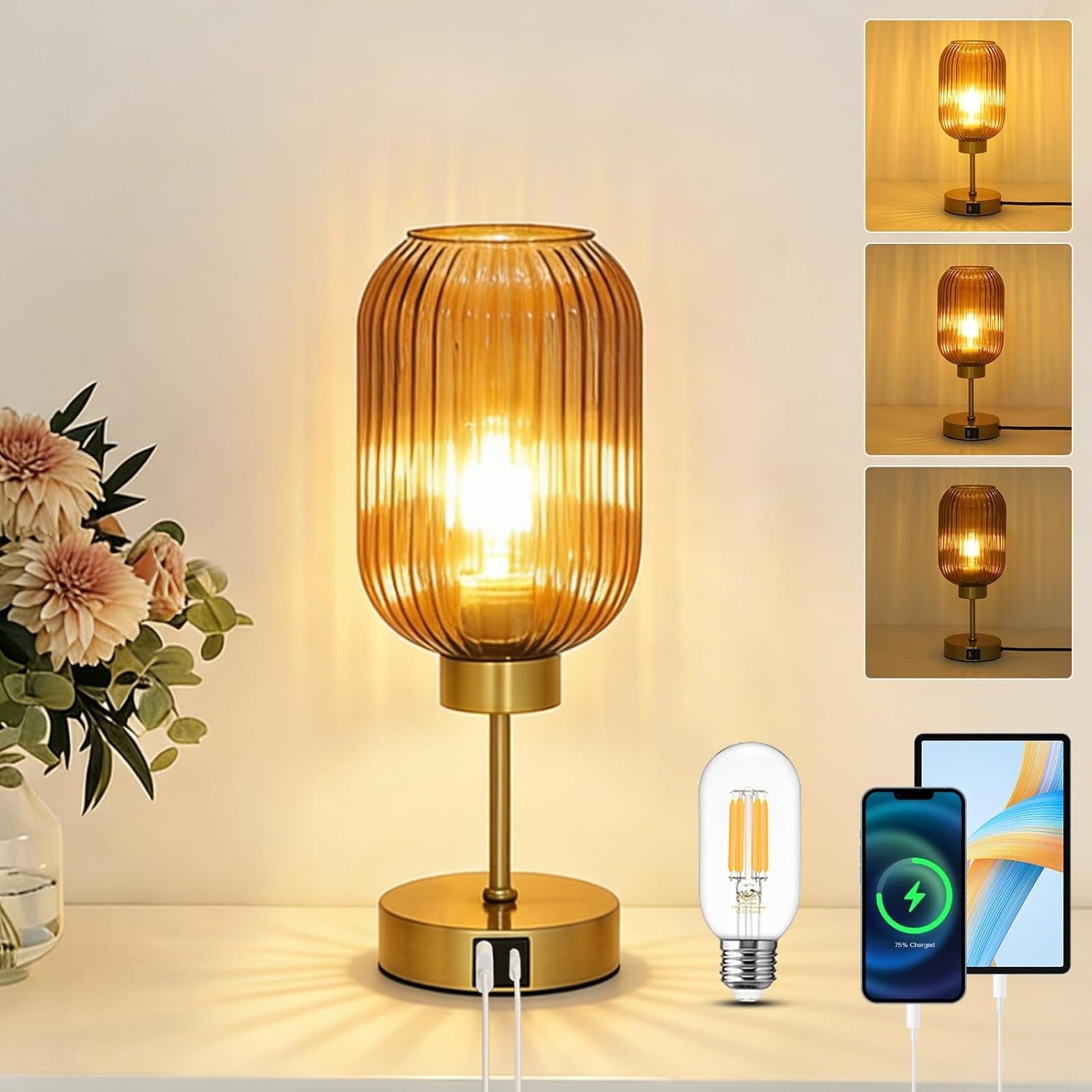 vintage-gold-touch-table-lamp-small-desk-lamp-with-amber-glass-shade-bulb-charging-port-mid-century-modern-bedside-lamp-3-way-dimmable-nightstand-lamp-for-bedroom-living-room-home-office