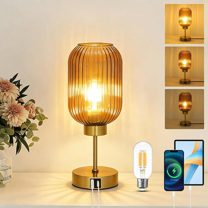 Vintage Gold Touch Table Lamp, Small Desk Lamp with Amber Glass Shade, Bulb, Charging Port, Mid Century Modern Bedside Lamp, 3 Way Dimmable Nightstand Lamp for Bedroom Living Room Home Office1