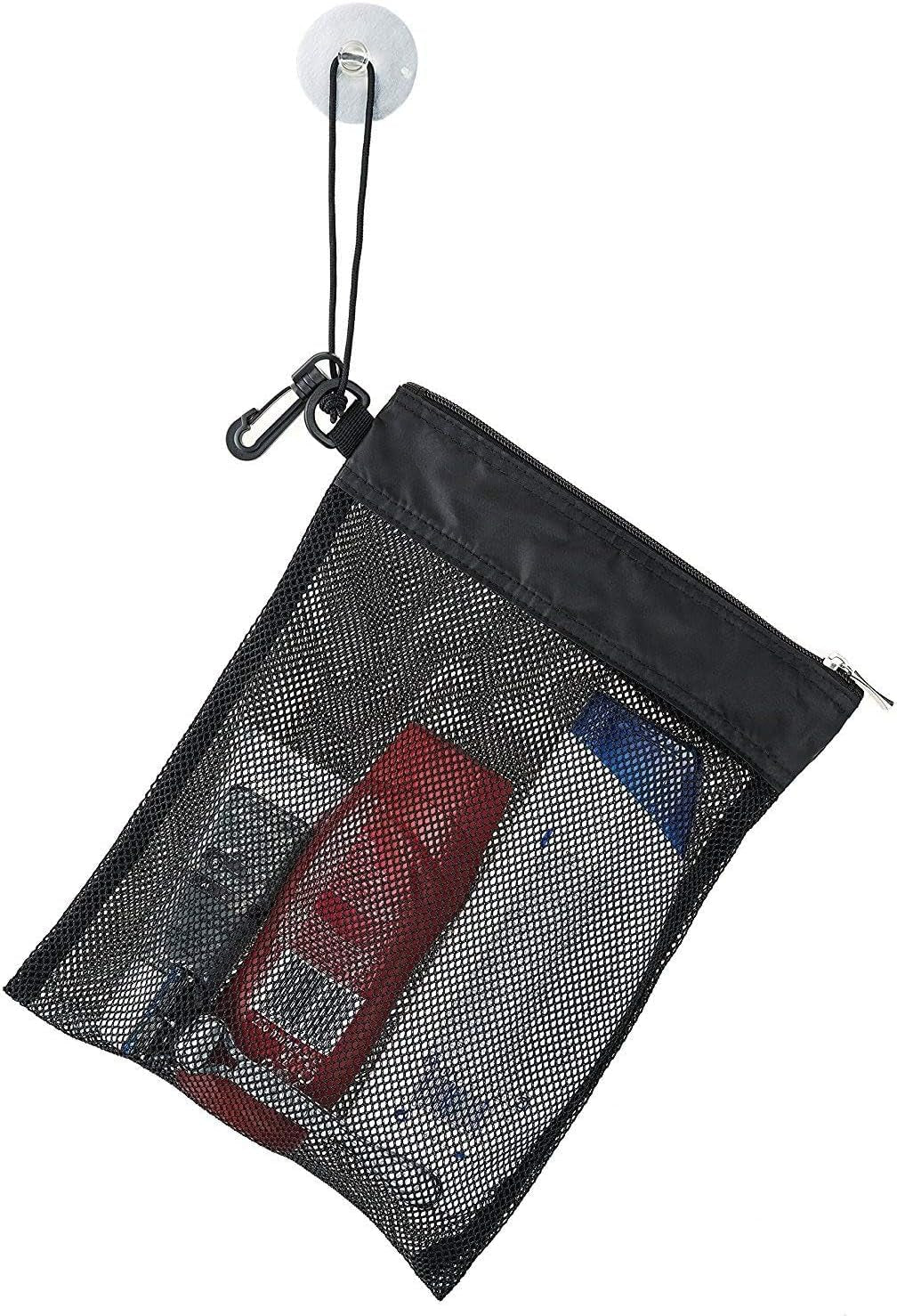 shower-bag-tote-mesh-caddy-toiletry-organizer-12-l-x-9-w-compact-and-lightweight-with-suction-cup-cord-for-hanging-zipper-and-drawstring-pouch-14-l-x-10-w-black