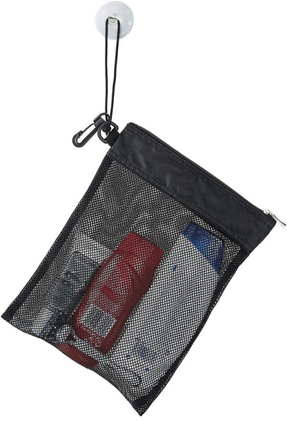 Shower Bag Tote, Mesh Caddy Toiletry Organizer 12”L X 9”W, Compact and Lightweight with Suction Cup, Cord for Hanging, Zipper and Drawstring Pouch 14”L X 10”W, Black2