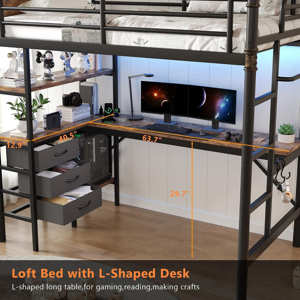 Twin Size Loft Bed with L-Shaped Desk, LED Lights,Charging Station, Industrial Heavy Duty Metal Loft Bed Frame with 3 Storage Shelves and 3 Fabric Drawers, Safety Guard & Ladder, Vintage Brown4