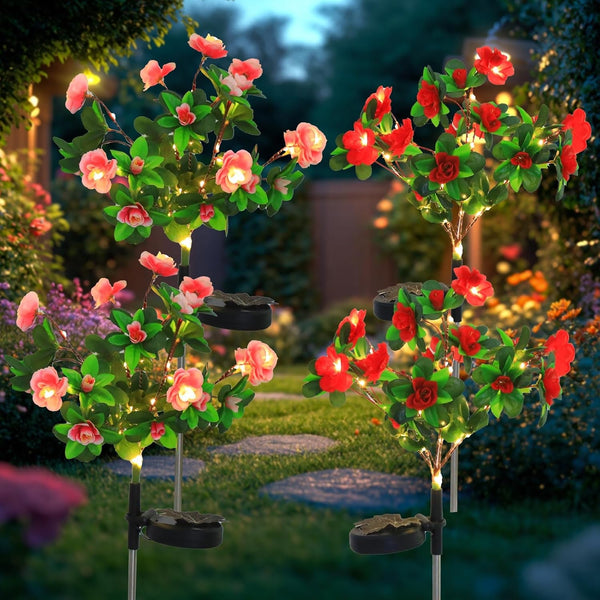 Garden 4 Pack LED Solar Flower Lights with More Realistic Azalea Flowers Solar Garden Lights Outdoor Waterproof for Yard Patio Lawn Pathway Walkway Decoration 4-Pack Red & Pink Combo1