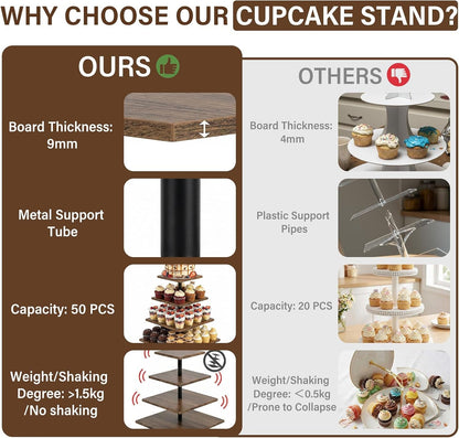 Wooden 4 Tier Cupcake Stand for 50 Cupcakes,Cupcake Holder,Cupcake Tower,Tiered Tray Stand for Birthday Bar Décor Weddings,Parties Events, Dark Brown7