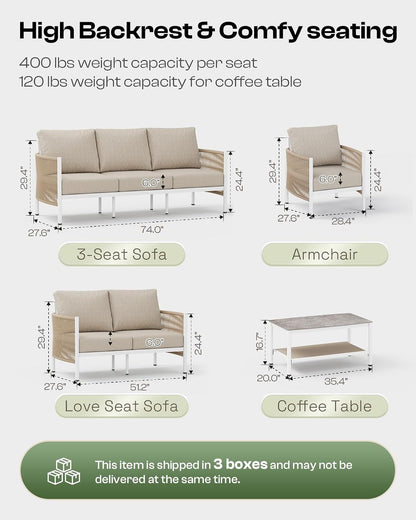Aluminum Outdoor Patio Furniture Set with Dual-Layer Coffee Table, 4 Piece Modern Patio Conversation Sets with PE Rope, Outdoor Sectional Sofa with Thick Cushions for Balcony, Porch, Ivory7