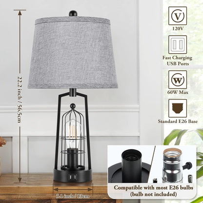 Farmhouse Table Lamps with 2 USB Ports, Set of 2 Rustic Industrial Desk Lamp for Living Room, 2-Light Black Bedside Lamp, Bedroom Nightstand Lamp with Gray Lampshade for House Decor, Reading2