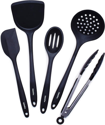 5 Piece Cooking Utensil Set, Flexible Nonstick Silicone, Stain-Free, Tongs, Turner, Spatula, Skimmer, and Slotted Spoon, Black1