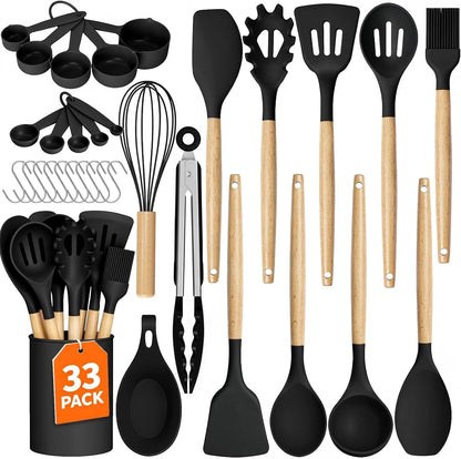 33Pcs Kitchen Utensils Set Silicone Cooking Utensils Set with Wooden Handle1