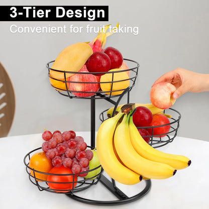 Fruit Basket Bowl with Banana Hanger, Fruit Vegetable Storage Basket with Banana Tree Holder for Kitchen Counter, Detachable Organizer for Bread Snack Produce (Black, 3-Tier Metal Base)7