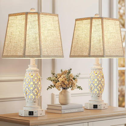 Lamps for Night Stands Set of 2-23.5" Bedside Lamp with USB A+C and Nightlight - Rustic Farmhouse Table Lamp for Bedrooms, End Tables, Living Room - French Country Decor, Bulbs Included, Cream1
