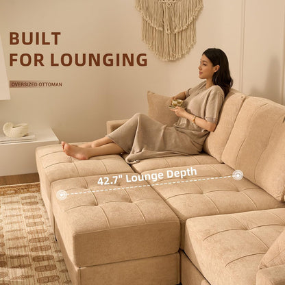 112" U Shaped Modular Cloud Sectional Couch, Waffle Fabric, Oatmeal Beige3