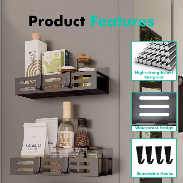 2 Pack Magnetic Spice Rack for Refrigerator, Black Magnetic Shelf and Fridge Kitchen Cabinet Organizers Storage Seasoning Organization Mini Shelves, Organizadores De Cocina4