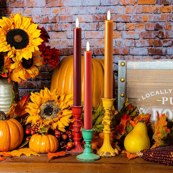 Fall Flameless Taper Candles with Remote and Timer, 10" 6Pk LED Candlesticks, Battery Operated Thanksgiving Candles with 3D Flickering Flame, Bordeaux, Terra Cotta & Caramel (Autumn Harvest)3