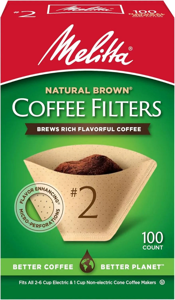 Melitta #2 Unbleached Cone Coffee Filters, 100 Count (Pack of 1) | Flavor-Enhancing Microfine Perforations, Double Crimp Strength, FSC & BPI Compostable, for 4-6 Cup Brewers, 100 Ct, USA Made1