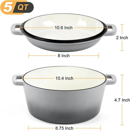 2 in 1 Gray Dutch Oven Pot with Lid for Bread Baking, 5Qt | Cast Iron Bread Dutch Oven, Skillet & Pot for Roasting Braising Stewing Frying Simmering, Multi Stoves & Oven Safe2