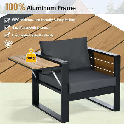 Large 4-Piece Outdoor Patio Furniture Set for 5 Person, 3-Seater Sofa, 2 Armchairs with Fold-Out Side Tables, Aluminum Frame & Plastic-Wood, Modern Garden/Patio Seating, Grey Cushions5