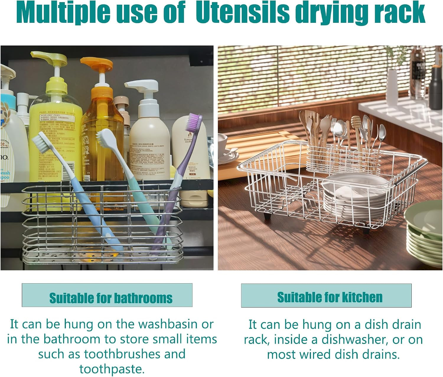 304-stainless-steel-utensil-holder-dish-drying-rack-kitchen-utensil-organizer-knife-and-fork-drainage-rack-kitchen-drainage-basket-accessories-with-hooks-rust-proof-color-silver