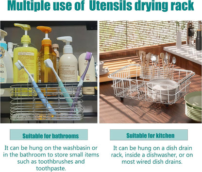 304 Stainless Steel Utensil Holder, Dish Drying Rack, Kitchen Utensil Organizer, Knife and Fork Drainage Rack, Kitchen Drainage Basket Accessories, with Hooks, Rust Proof, Color-Silver5