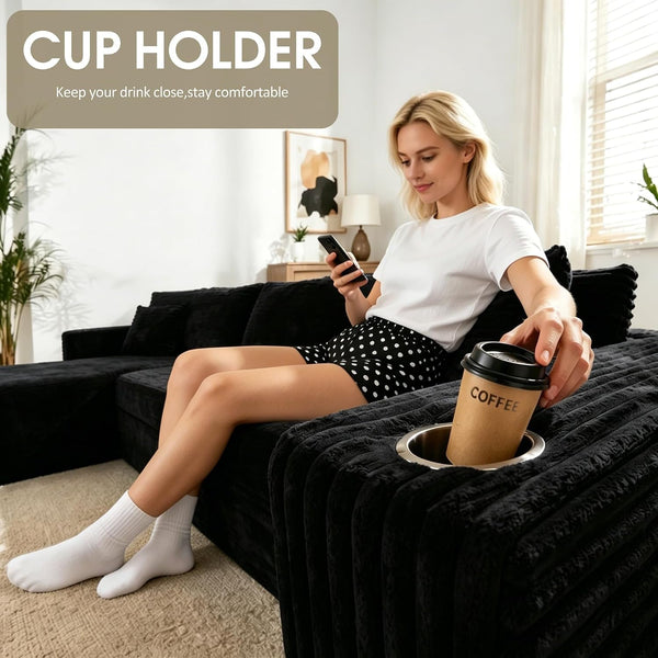 Cloud Sectional Boneless Couches for Living Room,Modular Sectional Sofa with 2 Cup Holders,Memory Foam Cloud Couch with L Shaped Oversized Chaise,No Assembly Needed Plush Corduroy Sofa,Black5