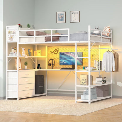 White Loft Bed Twin Size with U-Shaped Desk and Upholstered Headboard9