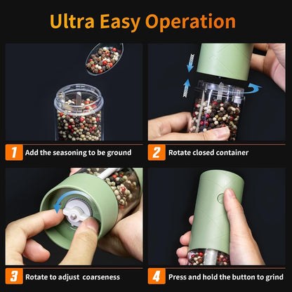 2Pack Electric Salt and Pepper Grinder Set USB Rechargeable with Warm LED Light, Adjustable Coarseness  Large Capacity Automatic Salt Pepper Mill Grinder for Kitchen, Restaurant, Outdoor, Green7