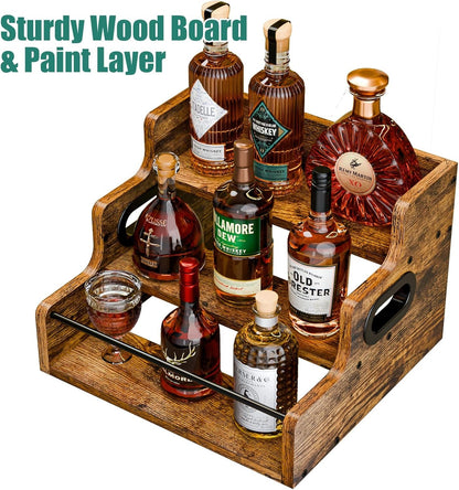 Liquor Bottle Display Shelf, Coffee Syrup Rack Organizer, 3 Step Countertop Liquor Wine Rack, Mini Bar,Liquor Cabinet, Home Retro Bar Shelf Stand for Liquor Whiskey, Spirits7