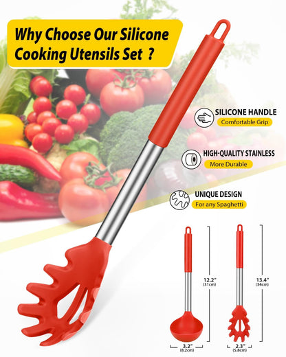 Silicone Pasta Fork and Soup Ladle Spoon Set, 2 Pack, Red2