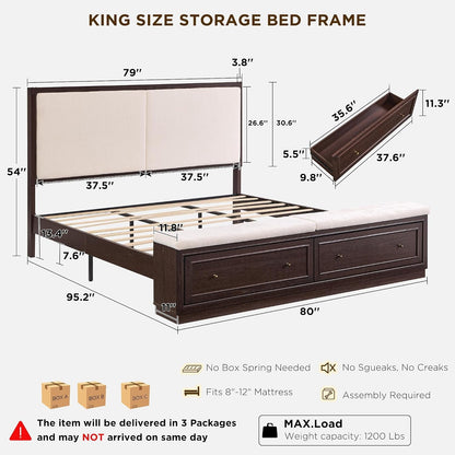 King Bed Frame W/Upholstered Headboard,Storage Bench,Walnut2