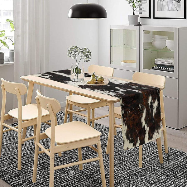 Cow Skin Print Table Runner, Cotton Linen Rustic Cottage Country Farm Animal Fur Skin Pattern Western Style Black Brown Cowhide Print Dinner Runner for Home Kitchen Dining Table Decoration 13"X36"3