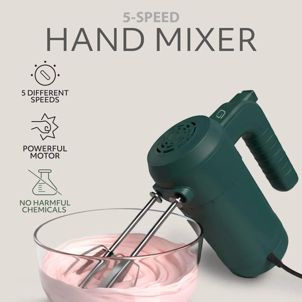 Eco Series Electric Hand Mixer, 5 Speed Ultra Power Handheld Mixer with Stainless Steel Whisks, Beaters & Dough Hooks + Eject Button, 350W Kitchen Mixer with Snap-On Storage Case - GREEN2