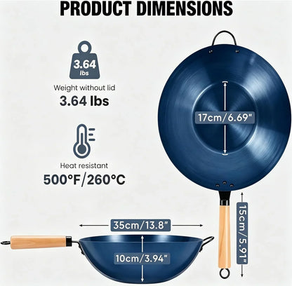 Carbon Steel Wok, 13.5" Woks & Stir-Fry Pans Nonstick, Pre-Seasoned Flat Bottom Wok for BBQ, Grill, Outdoor & Camping, Compatible with Induction, Electric, Gas, Open Fire, Deep Blue4