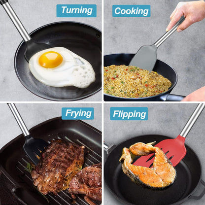 2 Pack Spatulas, Solid & Slotted Silicone Spatula Set, Stainless Steel Handle Coated with Silicone, Non Stick Turners, Heat Resistant Rubber Spatulas for Fish, Eggs, Pancakes, WOK, Black8
