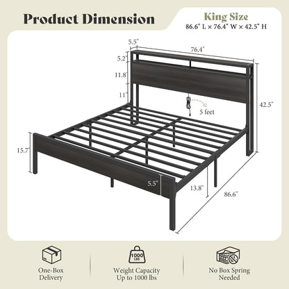 King Size Platform Bed Frame with Charging Station2