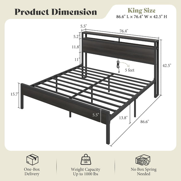 King Size Platform Bed Frame with Charging Station2