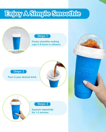 Slushie Cup, Double Layers Silica DIY Portable Slushy Cup with Lid & Straw | Frozen Magic Slushy Maker Cup, Juices, Milk, Ice Cream Make, Kids, Friends, Family, Blue4
