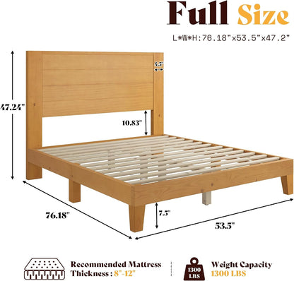 Full Size Solid Wood Bed Frame with 48" Headboard Design, Natural2