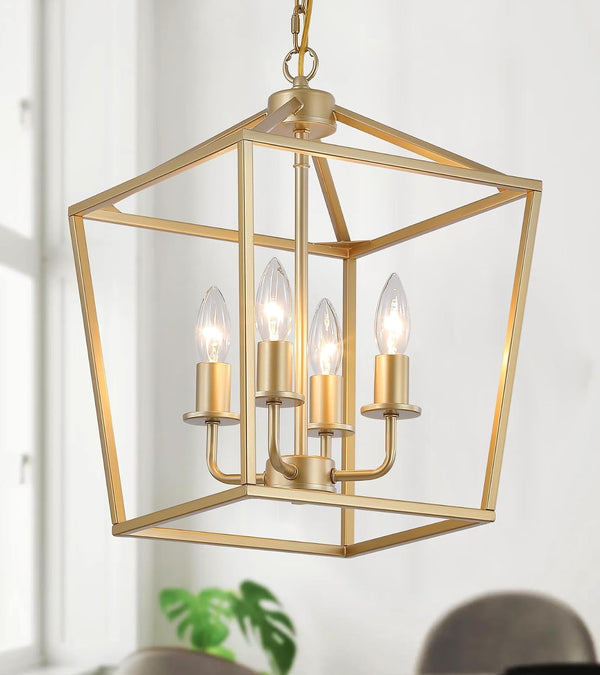 Industrial 4 Lights Chandelier, Gold Lantern Ceiling Light Fixtures with Rustic Metal Cage Adjustable Height Farmhouse Geometric Hanging Light for Kitchen Island, Dining Room, Entryway, UL Listed1