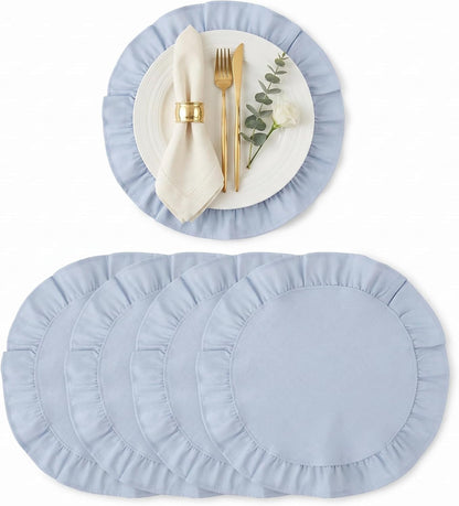 Round Ruffled Linen Blend Placemats, 15 Inch Scalloped Table Mats, Set of 41