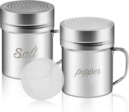 Stainless Steel Salt and Pepper Shakers Set, 10 OZ Seasoning Spice Shaker with Lid and Handle 127 Holes, Metal Dredge Shaker for Powder Sugar Cooking Kitchen Baking (2 Pieces)1