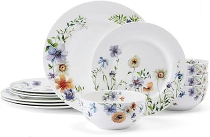 Audrina Water Color Flowers Bone China Lightweight Chip Resistant 12 Piece Dinnerware Set, Service for 4, White1