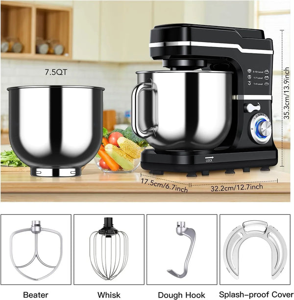 7.5QT Stand Mixer, 10-Speed Tilt-Head Electric Food Mixer with Stainless Steel Bowl, 660W Motor, Dough Hook, Whisk & Beater, Compact Design for Home Baking,Black2