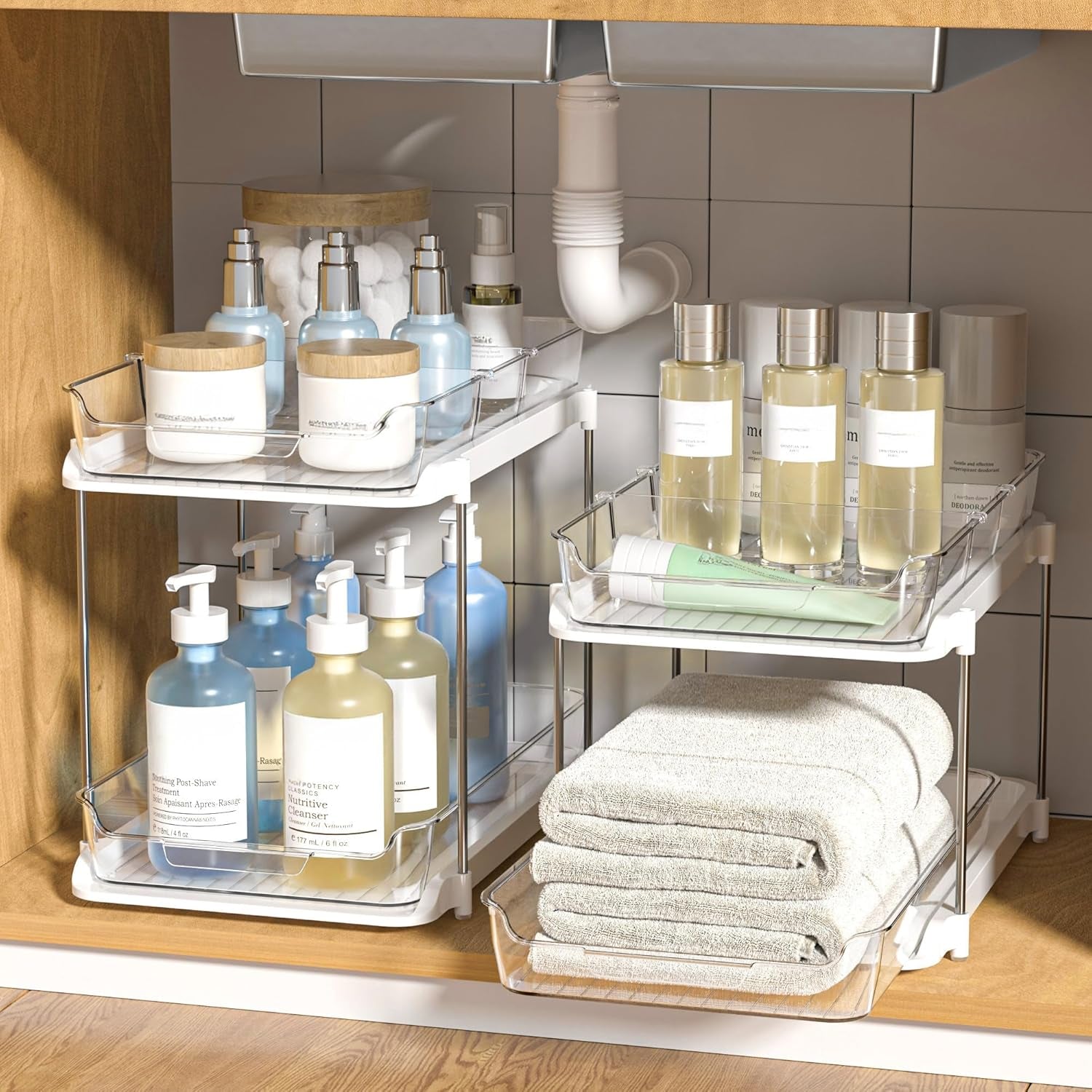 2-tier-multi-purpose-bathroom-under-sink-organizers-and-storage-stackable-kitchen-pantry-organization-pull-out-medicine-cabinet-organizer-with-movable-dividers-white-2-pack