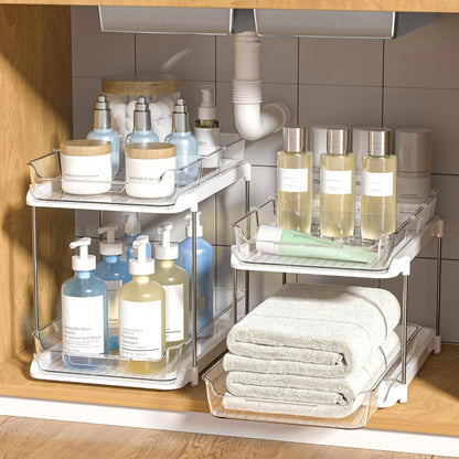 2-Tier Multi-Purpose Bathroom under Sink Organizers and Storage, Stackable Kitchen Pantry Organization, Pull Out Medicine Cabinet Organizer with Movable Dividers, White, 2 Pack1