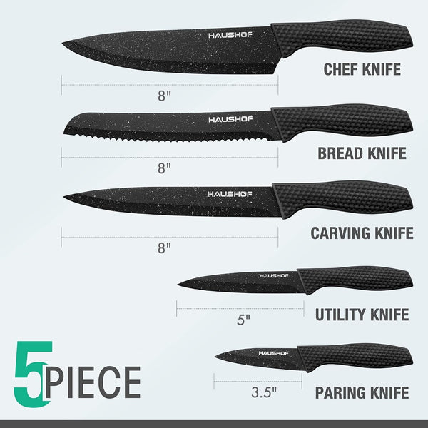 Kitchen Black Knife Set, 5 PCS Knife Sets with Arcylic Block | Teflon Coated Knives Set for Kitchen, Premium Stainless Steel, Ergonomic Handle, Great for Slicing, Dicing&Cutting6