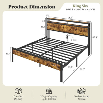 King Size Platform Bed Frame with Charging Station2
