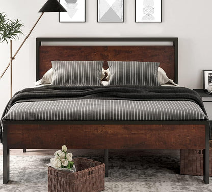 14 Inch Queen Size Metal Platform Bed Frame with Wooden Headboard and Footboard, Mattress Foundation, No Box Spring Needed, Large under Bed Storage, Non-Slip without Noise, Mahogany3
