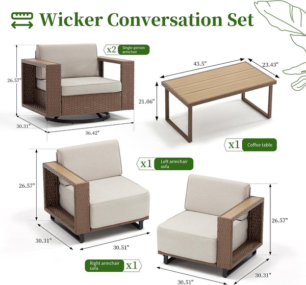 4 Piece Patio Furniture Set, 360° Swivel Wicker Chairs Set of 2 with Rattan Side Table and Loveseat Couch, Outdoor Patio Furniture with Extra-Thick Soft Cushions for Porch, Garden Poolside2