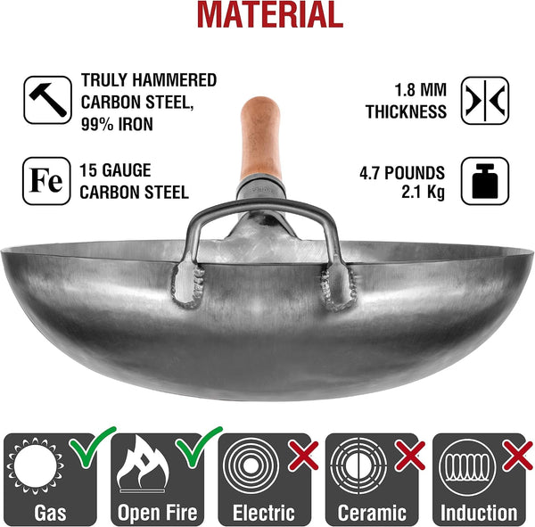 14” Silver Carbon Steel Wok with round Bottom | Suitable for Gas Stoves and Open Fires - Traditional Chinese Wok (Silver)5