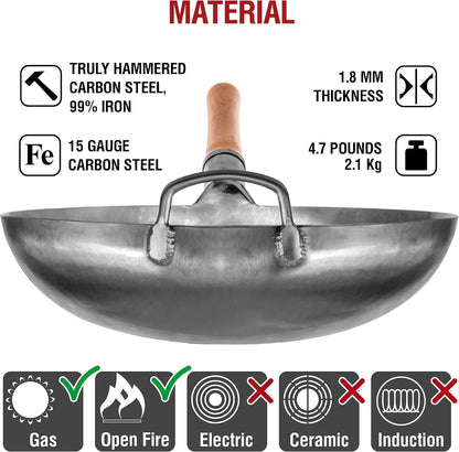 Silver round Bottom Wok 14 In– Stir Fry Pans for Cooking + Premium Wok Cover 14 Inch Pan Lid9