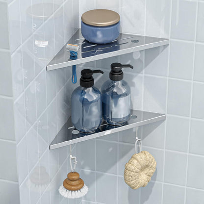2 Pack Corner Shower Shelves 10", Chrome 304 Stainless Steel Recessed Bathroom Shelf with Razor Holding Hole and 2 Hools, for Tiled Wall No Drilling Needed1